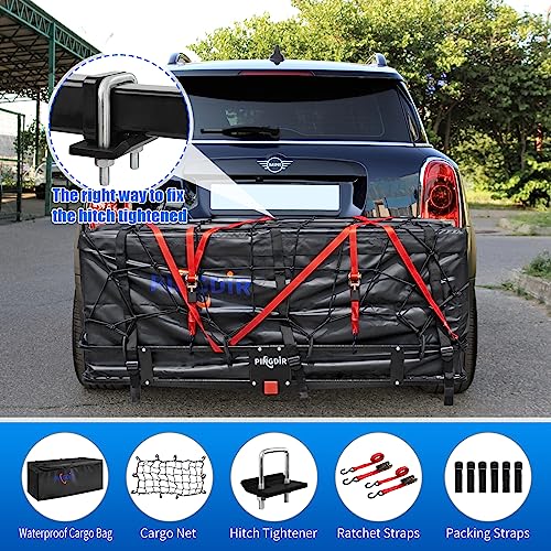 PINGDIR Folding Hitch Mount Cargo Carrier Hitch Rack Basket 60"*21.5"*6" Hauling Weight Capacity of 500 Lbs, Waterproof Cargo Bag 58" 19" 24", with Hitch Stabilizer,Cargo Net and Ratchet Straps - size: 60 inches