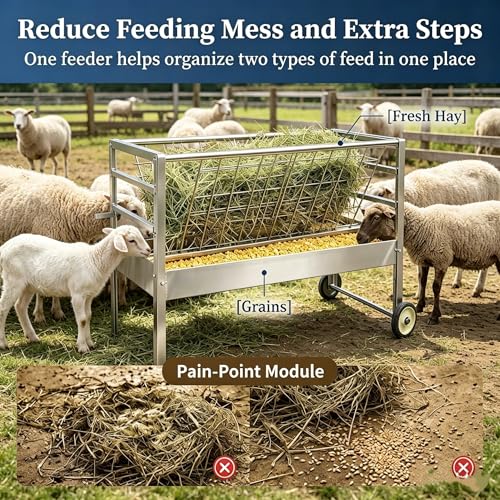 Galvanized Steel Feeder, 2 in 1 Livestock Feeder for Goats Sheep Lambs, Mobile Livestock Feeder with Wheels for Outdoor Farm Use