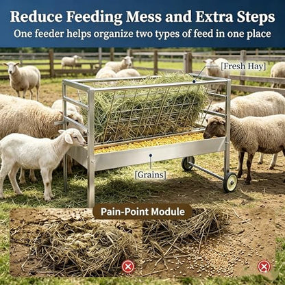 Galvanized Steel Feeder, 2 in 1 Livestock Feeder for Goats Sheep Lambs, Mobile Livestock Feeder with Wheels for Outdoor Farm Use