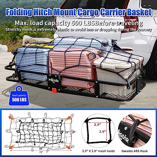 PINGDIR Folding Hitch Mount Cargo Carrier Hitch Rack Basket 60"*21.5"*6" Hauling Weight Capacity of 500 Lbs, Waterproof Cargo Bag 58" 19" 24", with Hitch Stabilizer,Cargo Net and Ratchet Straps - size: 60 inches