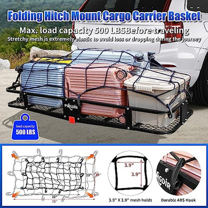 PINGDIR Folding Hitch Mount Cargo Carrier Hitch Rack Basket 60"*21.5"*6" Hauling Weight Capacity of 500 Lbs, Waterproof Cargo Bag 58" 19" 24", with Hitch Stabilizer,Cargo Net and Ratchet Straps - size: 60 inches