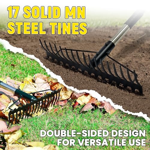Bow Rake, 68-Inch Adjustable Handle Garden Rake with 17 Steel Tines, Heavy Duty Dual-Sided Metal Rake Landscape Gardening Tool for Soil Loosening Lawn Yard Leaves Mulch Thatch Removing