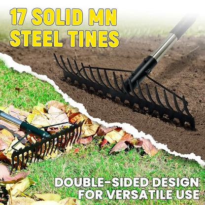 Bow Rake, 68-Inch Adjustable Handle Garden Rake with 17 Steel Tines, Heavy Duty Dual-Sided Metal Rake Landscape Gardening Tool for Soil Loosening Lawn Yard Leaves Mulch Thatch Removing