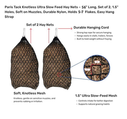 Knotless Ultra Slow Feed Hay Nets – 56” Long, Set of 2, 1.5” Holes, Soft on Muzzles, Durable Nylon, Holds 5-7 Flakes, Easy Hang Strap - size: 56"