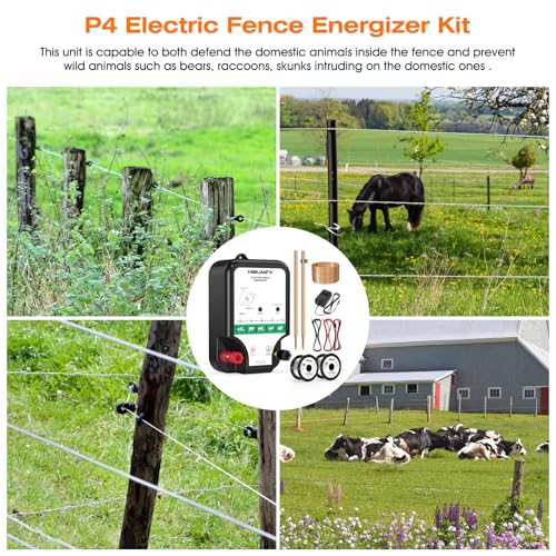 P4 Electric Fence Energizer Smart Fencing System with grounding Systems kit and Wiring Kits,Ideal for Poultry, Livestock, and Preventing Wild Animals Intruding