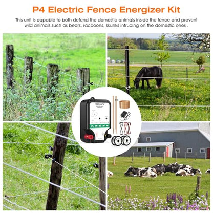 P4 Electric Fence Energizer Smart Fencing System with grounding Systems kit and Wiring Kits,Ideal for Poultry, Livestock, and Preventing Wild Animals Intruding
