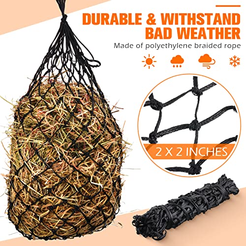 Tudomro 4 Pcs Hay Net Slow Feeder Hay Nets for Horses 35 Inch Hanging Hay Feeder Hay Bag for Horses Small 2 x 2” Holes Feeding Net Travel Feeder for Trailer and Stall, Simulates Grazing(Black)