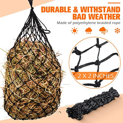 Tudomro 4 Pcs Hay Net Slow Feeder Hay Nets for Horses 35 Inch Hanging Hay Feeder Hay Bag for Horses Small 2 x 2” Holes Feeding Net Travel Feeder for Trailer and Stall, Simulates Grazing(Black)