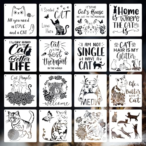 16 Pcs Cat Quote Stencils for Painting, Funny Pet Signs and Gifts 8 Inch - color: Cat