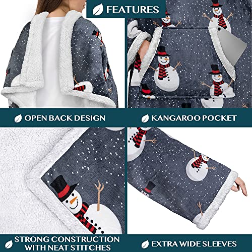 PAVILIA Sherpa Wearable Blanket with Sleeves for Adults Women Men, Soft Warm Full Body Wrap Fleece Throw, Pocket, Cozy Pullover Robe Blanket with Arm, Gifts for Christmas Mom Wife, Snowman - color: Snowman Gray