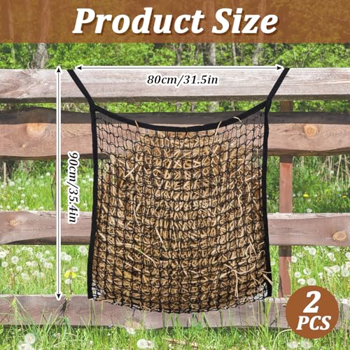 2 Pcs Horse Hay Net with Carabiners, Large Capacity Slow Feed Hay Bag for Horses, Durable Polyester Flat Feeder for Goats and Livestock (31.5" X 35.4")