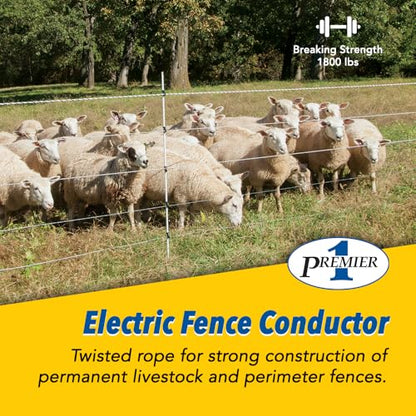 Premier 1 EnduraSoft® 6.0-660' Electric Rope | Polyester rope — more UV-resistant than polyethylene. Twisted (not braided). 3 tinned copper + 3 SS filaments. 25-year life.