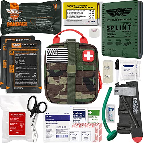 EVERLIT Advanced Trauma Kit, CAT GEN-7 Tourniquet, TCCC Compliant, Mil-Spec Nylon Laser Cut Pouch with 36" Splint, Military Combat Tactical IFAK for Emergency Bleeding Control - color: Woodland