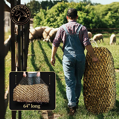 Bloomoak Slow Hay Net Feeder for Horses, Durable Soft Black PE 2/3 String Hay Bales Bags, Fit 36x18x18 to 47x25x17 Inches, Extends 50-64 Inches (3 1.6" Hole/1PC) - color: 3 String-1.6" Hole-Ultra Slow Feed/1PC
