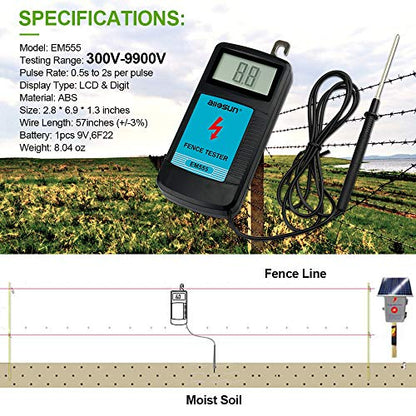allsun Digital Electric Fence Voltage Tester and Fault Farm Finder, Fence Voltmeter/Grounding Tester LCD Display for 300V to 9.9kV Pulse, Fence Voltage Indicator Checker Farm Gardening Tool
