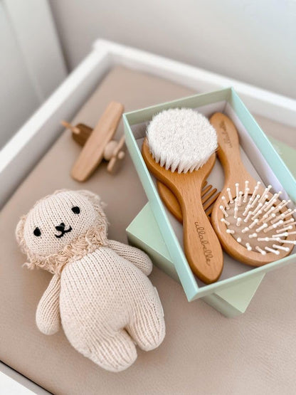 Ullabelle 3 Piece Wooden Baby Hair Brush and Comb Set for Newborns & Toddlers in Chic Gift Box - Ultra Soft Natural Goat Hair and Wood Baby Brush Set Prevents Cradle Cap - Perfect Registry Gift (Sage) - color: Sage