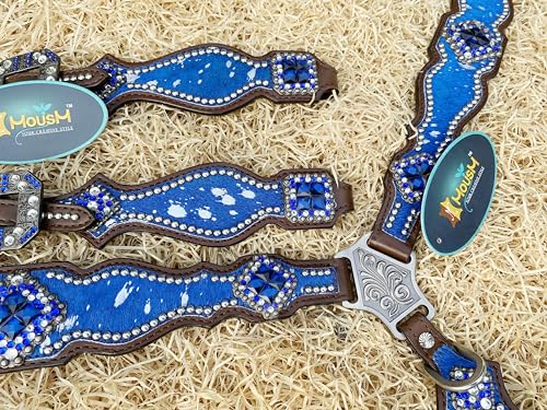 Western Leather Headstall & Breast Collar Set for Horses - Valentine’s Day Silver Metallic Cowhide with Rhinestones - color: Royal Blue