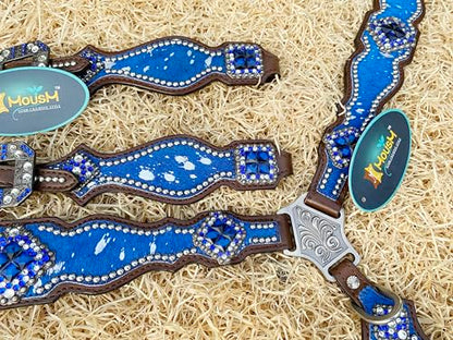 Western Leather Headstall & Breast Collar Set for Horses - Valentine’s Day Silver Metallic Cowhide with Rhinestones - color: Royal Blue