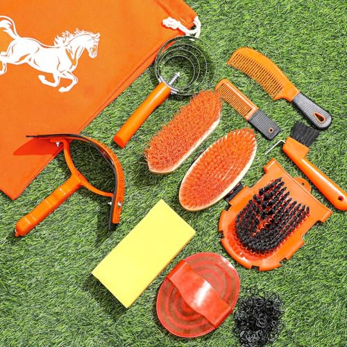 Abbylike 12 Pieces Horse Grooming Kit Equine Care Brushes, Orange - color: Orange