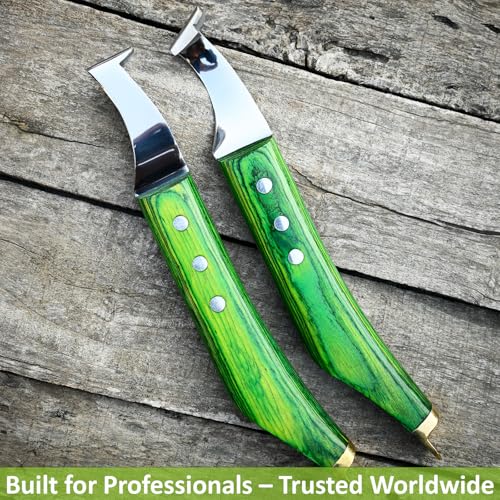 Premium Farrier Loop & Hoof Knife with Brass End – Professional Hoof Trimming Tool for Horses, Cows & Livestock, Stainless Steel Blade, Ergonomic Wood Handle (Green) - color: Green