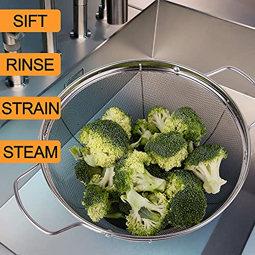 3 Pack 18/8 Stainless Steel Colander Sieves(5-Quart, 4-Quart and 3-Quart), Mesh Strainer Net Baskets with Handles & Resting Base for Strain, Drain, Rinse or Steam - size: 3 Qt. + 4 Qt. + 5 Qt.