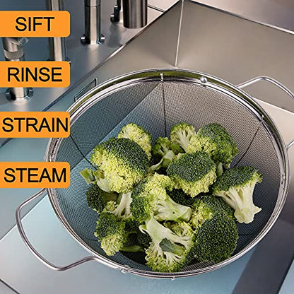 3 Pack 18/8 Stainless Steel Colander Sieves(5-Quart, 4-Quart and 3-Quart), Mesh Strainer Net Baskets with Handles & Resting Base for Strain, Drain, Rinse or Steam - size: 3 Qt. + 4 Qt. + 5 Qt.