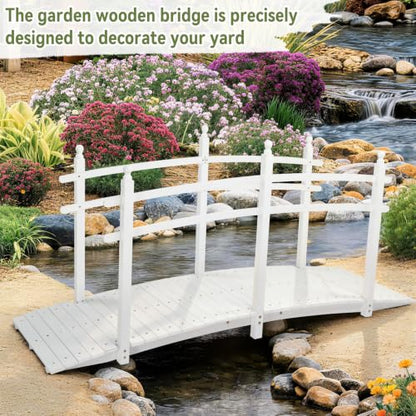 Outvita 7.5 ft Garden Wooden Bridge Arch Stained Finish with Safety Rails Outdoor Footbridge for Backyard Creek Farm, Decorative Pond Bridge - size: 7.5ft-White
