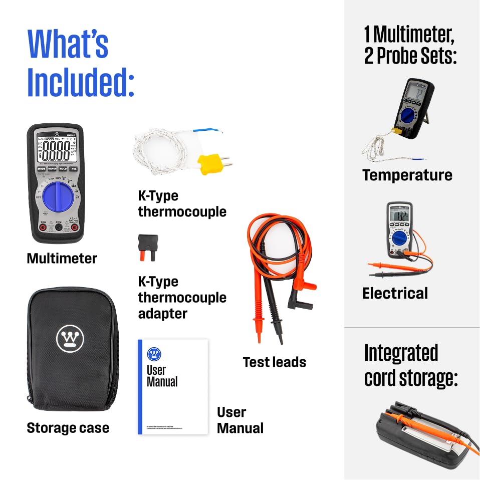 Westinghouse 600V True RMS Auto-Ranging Digital Multimeter, AC/DC Voltmeter & 10A Current, Continuity, Frequency, Temperature, Diode, Ohm, Resistance, Capacitor Tester, Large Screen - style: 600V Large Screen
