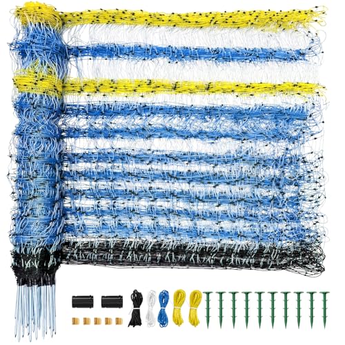 Electric Fence Netting, 49.6" H x 164' L, Portable Livestock Electric Net Fencing for Goats, Sheep, Hogs, Deer & Dogs, Highly Visible Blue Mesh with Double Spike Posts for Backyard, Farm & Homestead - color: Blue, size: 49.6" H x 164' L Livestock