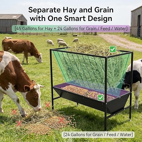 69 Gallon 2-in-1 Farm Feeder, Hay & Grain Livestock Feeding Unit with Steel Frame for Barn & Pasture