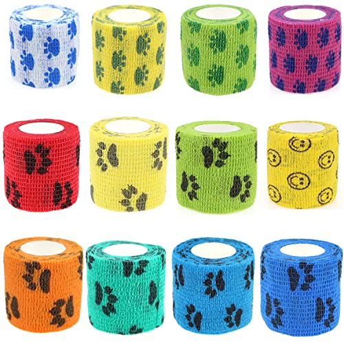 Self Adhesive Bandage Wrap Animal Cohesive Bandage Self Adherent Wrap First Aid Tape for Dogs Cats Horses Birds & Wrist Healing Ankle Sprain (2 Inch Mixed Cat Paw 12 Rolls) - color: 2 Inch Mixed Cat Paw 12 Rolls