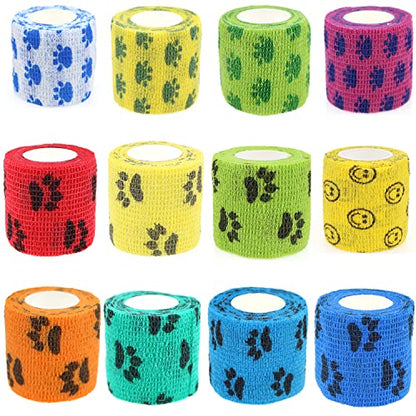 Self Adhesive Bandage Wrap Animal Cohesive Bandage Self Adherent Wrap First Aid Tape for Dogs Cats Horses Birds & Wrist Healing Ankle Sprain (2 Inch Mixed Cat Paw 12 Rolls) - color: 2 Inch Mixed Cat Paw 12 Rolls