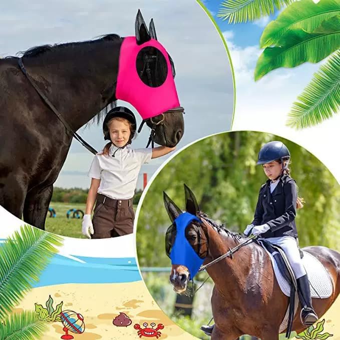 Super Comfort Stretchy Horse Fly Mask 2 Pcs Long Nose with Ears Space with UV Protection Soft on Skin with Breathability (Blue, Black - Full Size)