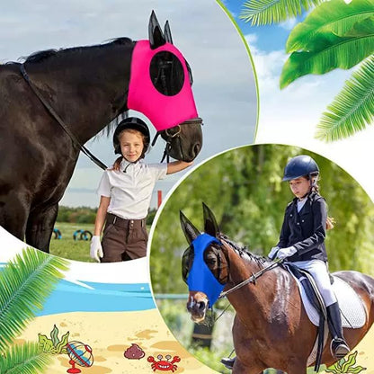 Super Comfort Stretchy Horse Fly Mask 2 Pcs Long Nose with Ears Space with UV Protection Soft on Skin with Breathability (Blue, Black - Full Size)