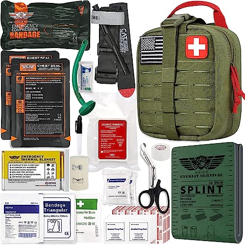 EVERLIT Advanced Trauma Kit, CAT GEN-7 Tourniquet, TCCC Compliant, Mil-Spec Nylon Laser Cut Pouch with 36" Splint, Military Combat Tactical IFAK for Emergency Bleeding Control - color: OD Green