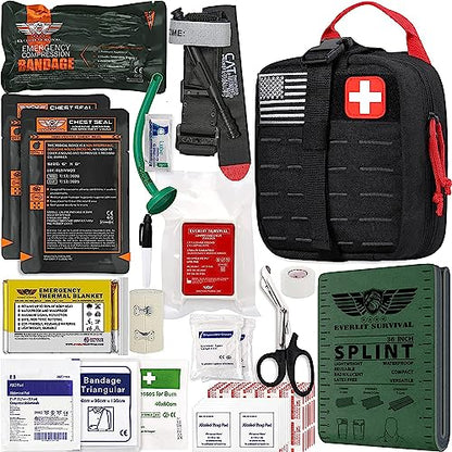 EVERLIT Advanced Trauma Kit, CAT GEN-7 Tourniquet, TCCC Compliant, Mil-Spec Nylon Laser Cut Pouch with 36" Splint, Military Combat Tactical IFAK for Emergency Bleeding Control - color: Black