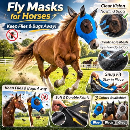 Horse Fly Mask - Arab Equine Fly Mask with Full Coverage for Eye & Ear - Stretchable, UV & Sun Protection Flymask for Horses, Ponies & Mini Horses - Horse Face Cover for Pasture & Trail - 3pack