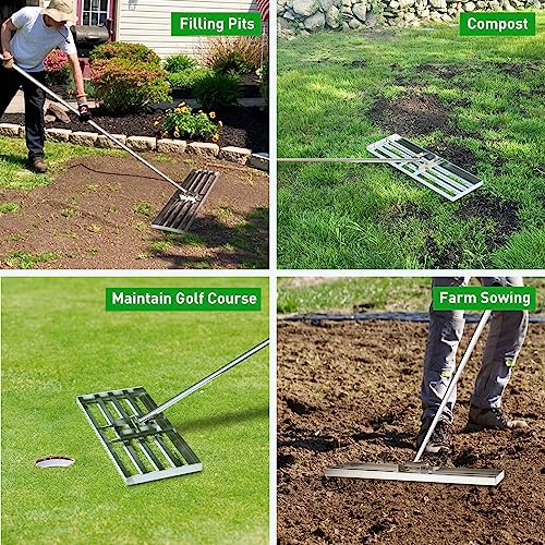 GreatBuddy Lawn Leveling Rake 30'' x 10", Heavy-Duty Stainless Steel Lawn Leveling Tool for Lawn, Soil, Sand, 78'' Extra Long Handle, Ideal for Yard, Garden - size: 30 Inch