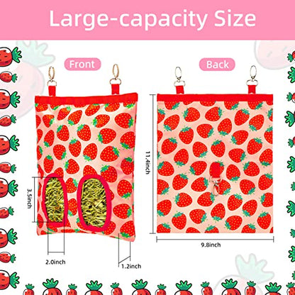 Rabbit Hay Feeder, Hanging Guinea Pig Hay Feeder Bag for Bunny Chinchilla Hamster with Back Hooks, 2 Holes, 9.8x11.4Inch - color: Strawberry
