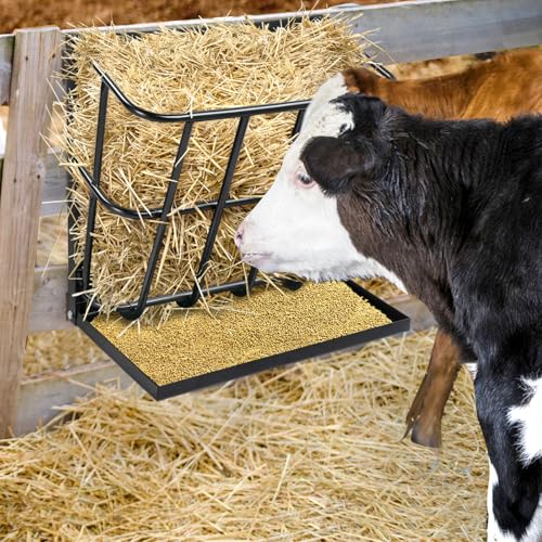 Large Capacity Hay Feeder for Goats & Horses - 2-in-1 Heavy Duty Steel Hay Rack with Detachable Grain Tray, Wall-Mounted Multiple-Sided Feeding Rack for Sheep Livestock Farm, Black