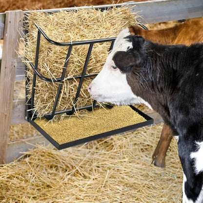 Large Capacity Hay Feeder for Goats & Horses - 2-in-1 Heavy Duty Steel Hay Rack with Detachable Grain Tray, Wall-Mounted Multiple-Sided Feeding Rack for Sheep Livestock Farm, Black