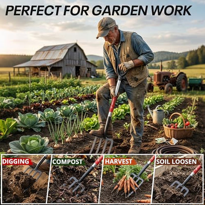 Digging Spading Fork Forged Steel with D Grip Handle 41” Premium 4-Tine Spading Digging Fork Sturdy Metal D-Grip Multi-Purpose Virtually Unbreakable Gardening Tool