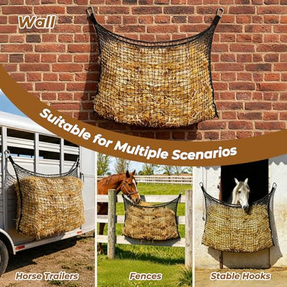 2 PCS Slow Feed Hay Net for Horses, Large Capacity Hay Bags with 4 Carabiner Clips and Gloves, Heavy Duty Slow Feeder for Horse Goat Sheep, Full Day Feeding for Stall Trailer, Black, 35 x 31 Inch