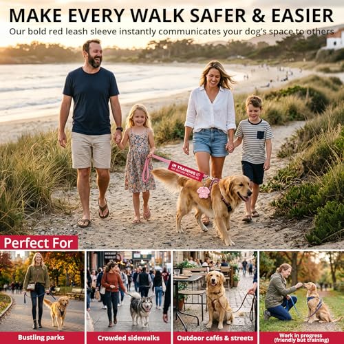in Training Dog Leash Wrap, Double-Sided Visible Dog Sleeve with Heart Carabiner, Ripstop Warning Sign Ask Before Petting Me, Fits Standard Rope & Flat Leashes, High Visibility Red - color: Ask Before Petting Me