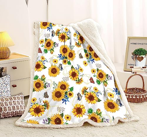 Sunflower Throw Blanket, Sunflower Gifts - Warm Soft Sherpa Thick Blanket (White, 60"x80") - color: White, size: 60"x80"