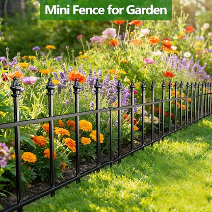 Decorative Metal Garden Fence，(5 Panels+ 6 Posts),Total Iength 7 ft(W) x 11 in(H), Small Metal Border Fence, Classic Roman Column Decoration, Garden and Lawn Landscape Fence, Black Animal Fence - size: 5 Panels-5 ft(W) x 12 in(H)