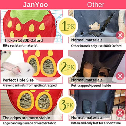 JanYoo Rabbit Hay Feeder Bag for Cage Guinea Pig Timothy Hay Dispenser Storage Manger Hanging Large Less Waste for Bunny - color: A-Strawberry