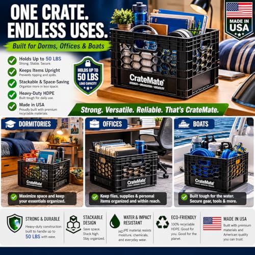 Heavy-Duty Black Milk Crates for Storage, Organization & DIY | Perfect for Home, Camping, Worksite, & More - USA Made, Stackable, Durable (24 Quart) - size: 24 Quart