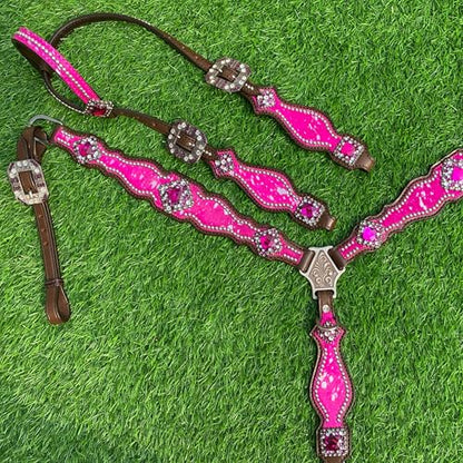 Western One Ear Leather Headstall and Breast Collar Tack Set with Rhinestones, Pink Silver Metallic Acid Wash Cowhide Look, Full Average Size Horse