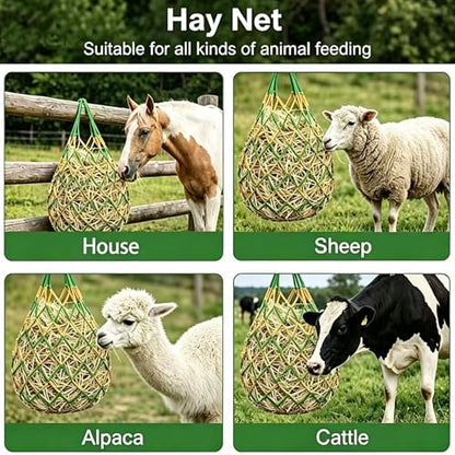 3 PCS Hay Bags for Horses with Carabiners - Heavy Duty Slow Feeder Hay Nets, 2.3-Inch Hole for Horses & Goats, Reduces Waste, Stall Trailer Pasture